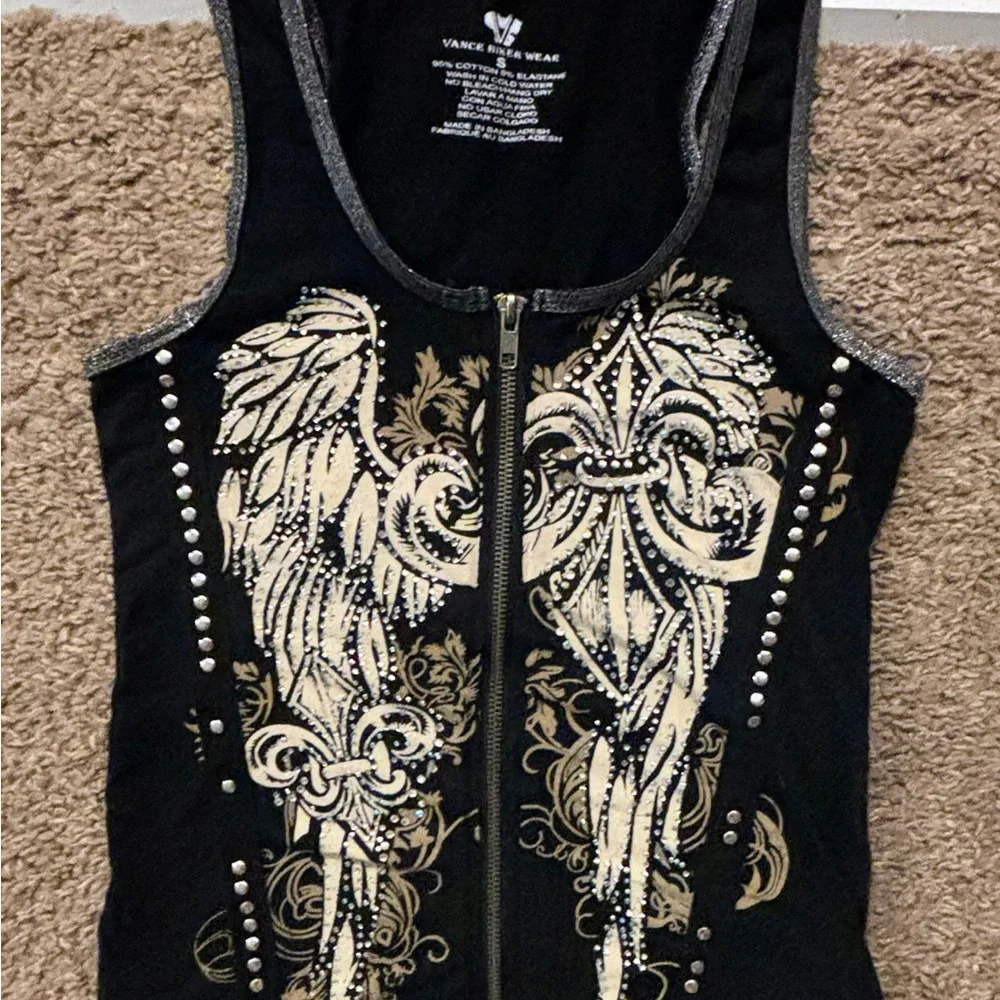 Vintage Y2k Vance Biker Wear Tank Top Womans S Full Zip Double Sided Rhinestone - Picture 8 of 13